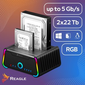 REAGLE Stacja Dokująca Klonująca Dysków 2,5, 3,5 SATA 2x HDD SSD 2x 22TB 3
