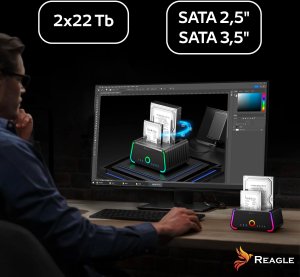REAGLE Stacja Dokująca Klonująca Dysków 2,5, 3,5 SATA 2x HDD SSD 2x 22TB 4