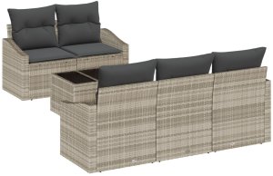 vidaXL Zestaw 6-częściowy sof ogrodowych z poduszkami Jasnoszary Rattan i poliester 2