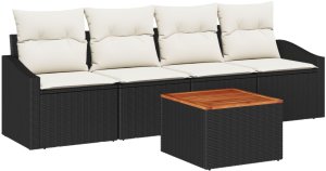 vidaXL Zestaw 5 kawałków sof ogrodowych z poduszkami Czarny Polirattan Akacja 2