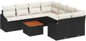 vidaXL 9-częściowy zestaw sof ogrodowych z poduszkami czarny polirattan akacja 2