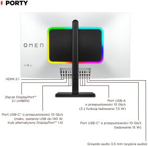 HP OMEN Transcend 32 White Backlit Gaming Charging Monitor - 31.5" 3840 x 2160 4K UHD 240Hz 250-nit AG, QD-OLED, USB-C(140W/15W)/2x HDMI/DisplayPort/Audio Jack, USB-C, 3x USB-A, KVM switch, speakers, height adjustable/tilt/pivot, 1 years 26