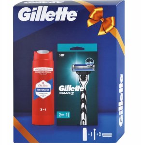 Rinkinys Gillette Mach3: skustuvas + skustuvo galvutės, 2 vnt. + dušo gelis/šampūnas Old Spice Whitewater, 250 ml 1