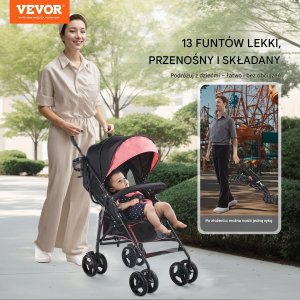 Wózek Vevor Ultralekki Różowy Składany Wózek Spacerowy  Kompaktowy i Bezpieczny 7