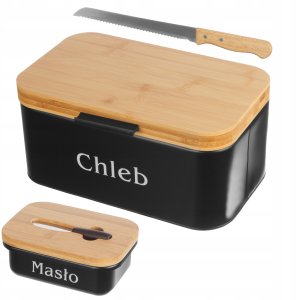CHLEBAK METALOWY CZARNY Z DESKĄ DO KROJENIA + MASELNICZKA + NÓŻ BRUNBESTE BB-2777 1