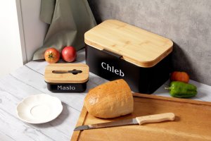 CHLEBAK METALOWY CZARNY Z DESKĄ DO KROJENIA + MASELNICZKA + NÓŻ BRUNBESTE BB-2777 2