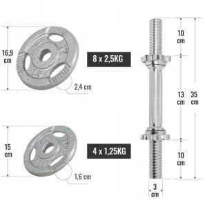 2x15 kg Hantle regulowane żeliwne z uchwytami 30 mm 10