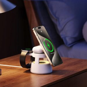 DUZZONA W23 - ładowarka indukcyjna 5w1 z głośnikiem Bluetooth i podświetleniem, kompatybilna z MagSafe 15W czarna 5