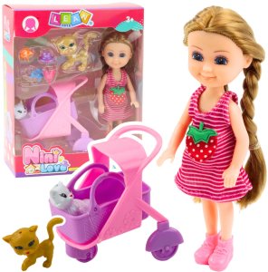 Mini Lalka Z Akcesoriami Wózek Kotki Zestaw Laleczka Różowa 2