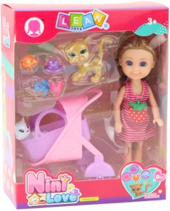 Mini Lalka Z Akcesoriami Wózek Kotki Zestaw Laleczka Różowa 5