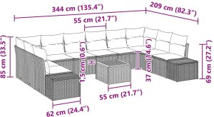 vidaXL zestaw sofy ogrodowej z poduszkami 11 elementów czarny poli rattan akacja 9