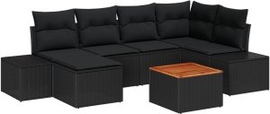vidaXL Zestaw 7 elementów sofy ogrodowej z poduszkami czarny polirattan akacja 2