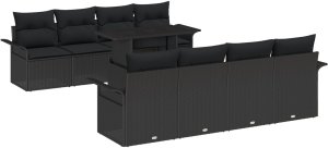 vidaXL 9-elementowy zestaw sof ogrodowych  z poduszkami Czarny Polirattan 2