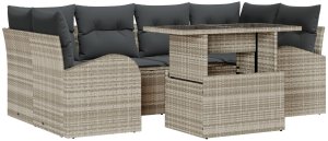 vidaXL 7-częściowy Zestaw Kanapowy Ogrodowy z Poduszkami Jasnoszary Polirattan 2