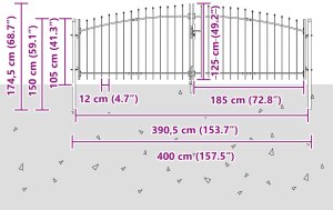vidaXL Bramka ogrodowa z szpicem, podwójnie otwierana, szara 125x400 cm, stalowa 7