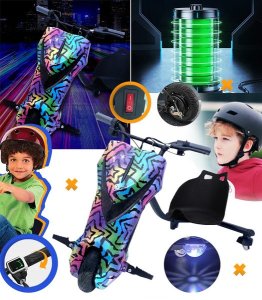 TRÓJKOŁOWY GOKART ELEKTRYCZNY SKUTER POJAZD DESKOROLKA HULAJNOGA DRIFTUJĄCA REGULOWANA LED WYŚWIETLACZ KLAKSON BLUETOOTH DLA DZIECI MŁODZIEŻY 1