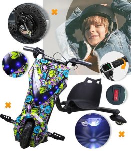 TRÓJKOŁOWY GOKART ELEKTRYCZNY SKUTER POJAZD DESKOROLKA HULAJNOGA DRIFTUJĄCA REGULOWANA LED WYŚWIETLACZ KLAKSON BLUETOOTH DLA DZIECI MŁODZIEŻY 1