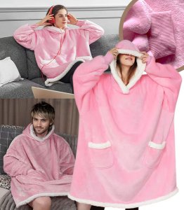 BLUZOKOC RÓŻOWY PONCZO BLUZA Z KAPTUREM KIESZEŃ POLAR W GWIAZDKI OVERSIZE 100% POLIESTER DLA MŁODZIEŻY DOROSŁYCH 1