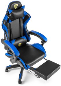 FOTEL GAMINGOWY Z PODNÓŻKIEM NIEBIESKI CZARNY KUBEŁKOWY BIUROWY OBROTOWY REGULOWANY NOWOCZESNY MASAŻER DLA GRACZA DZIECI MŁODZIEŻY 4