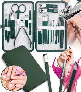 ZESTAW DO MANICURE 18 ELEMENTÓW ZIELONY PROFESJONALNY PRZENOŚNY OBCINACZ DO PAZNOKCI NOŻYCZKI 1