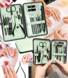 ZESTAW DO MANICURE 18 ELEMENTÓW ZIELONY ELEGANCKI PRZENOŚNY OBCINACZ DO PAZNOKCI NOŻYCZKI SKÓRA 1