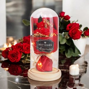 Bukiet kwiatów w szklanej kopule, róże na prezent, świecące LED ROZ19 2