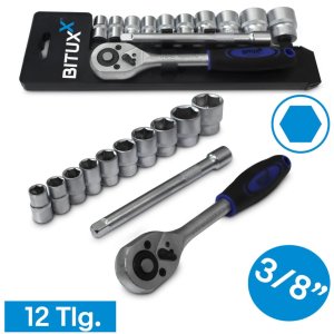 Zestaw nasadek sześciokątnych 12 sztuk. z grzechotką 200 mm i przedłużką 150 mm BITUXX 3/8'' 1
