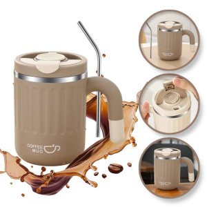 DUŻY POJEMNY KUBEK TERMICZNY ze słomką 480 ml TERMOS zamykany COFFE CUP17BR 1