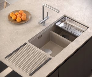 QUADRON | LOGAN 120 | granitowy zlewozmywak kuchenny SOFT TAUPE + STAL | wymiar: 76 x 45 x 23,5 cm | 2-komorowy podwieszany | podbudowa szafki od: 80 cm 2