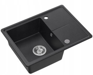 TONY 116 GraniteQ zlewozmywak granitowy black dotted (czarny) 1-komorowy z/o (60x45x18,5),  z syfonem i zaślepką  stal szlachetna 1