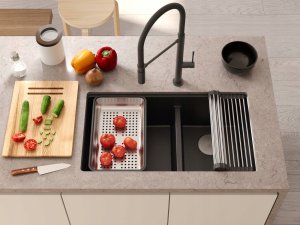 Zlewozmywak GraniteQ QUADRON | LOGAN 120 | granitowy zlewozmywak kuchenny BLACK DIAMOND + STAL | wymiar: 76 x 45 x 23,5 cm | 2-komorowy wpuszczany | podbudowa szafki od: 80 cm 2