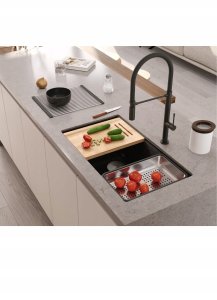 QUADRON | LOGAN 120 | granitowy zlewozmywak kuchenny BLACK DIAMOND + STAL | wymiar: 76 x 45 x 23,5 cm | 2-komorowy podwieszany | podbudowa szafki od: 80 cm 5