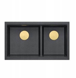 Zlewozmywak GraniteQ QUADRON | LOGAN 120 | granitowy zlewozmywak kuchenny BLACK DIAMOND + ZŁOTO PVD | wymiar: 76 x 45 x 23,5 cm | 2-komorowy podwieszany | podbudowa szafki od: 80 cm 2