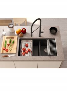 Zlewozmywak GraniteQ QUADRON | LOGAN 120 | granitowy zlewozmywak kuchenny BLACK DIAMOND + ZŁOTO PVD | wymiar: 76 x 45 x 23,5 cm | 2-komorowy podwieszany | podbudowa szafki od: 80 cm 6