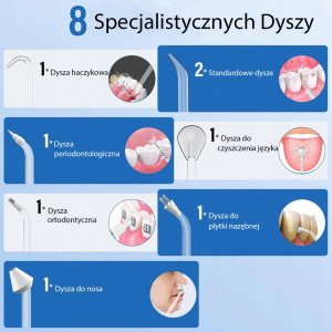 IRYGATOR DO ZĘBÓW BEZPRZEWODOWY DENTYSTYCZNY 4 TRYBY 320ML MOCNY 8 KOŃCÓWEK 7