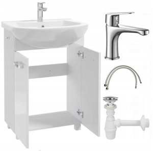 Szafka łazienkowa z umywalką baterią i syfonem 60cm stojąca biały połysk 1