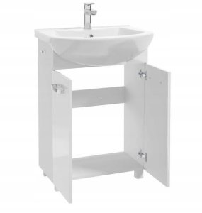 Szafka łazienkowa z umywalką baterią i syfonem 60cm stojąca biały połysk 3