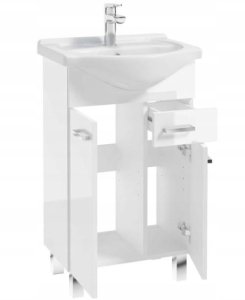 Szafka łazienkowa z umywalką na nóżkach 85x50 stojąca biała z baterią 2