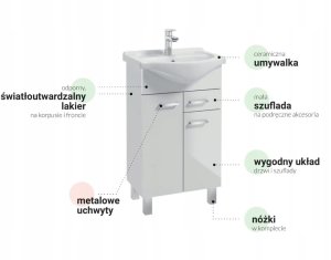 Szafka łazienkowa z umywalką na nóżkach 85x50 stojąca biała z baterią 4