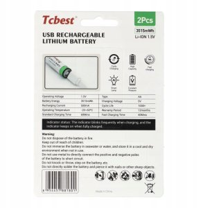 TCBEST bateria akumulatorowa R6 (AA) 950 mAh z gniazdem Typ C + kabel USB A do 2 x Typ C 2 szt 2