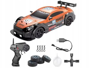 DUŻY Samochód Do Driftu Auto RC Drift 1:16 2,4 GHz PARA DYM 4WD Pomarańczowy Nissan GTR LED 1