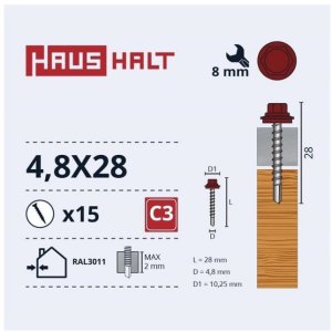 SELF SCR 4,8X28 WOOD+EPMD RAL3011 15PCS 1