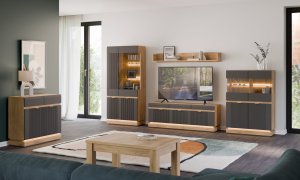 Komoda trzydrzwiowa z szufladami do salonu Dąb Cremona Antracyt MILTON ML03 11