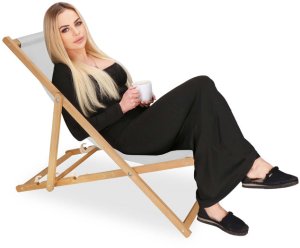 Leżak drewniany ogrodowy z 3-stopniową regulacją składany plażowy jasnoszary UNIWERSALNY 2