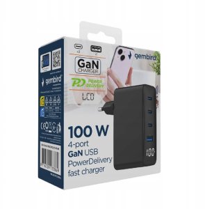 Ładowarka uniwersalna 100W GaN 1xUSB-A 3xUSB-C szybkie ładowanie LCD czarna 5