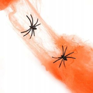 Sztuczna pajęczyna z pająkami / dekoracje HALLOWEEN / PAJĄKI / pomarańczowa 1