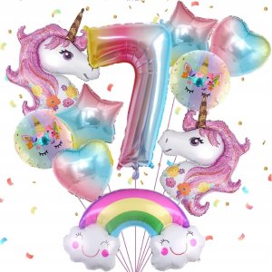 Balony na 7 urodziny JEDNOROŻEC Zestaw 10 Balonów foliowych CYFRA 7 - 70cm 1