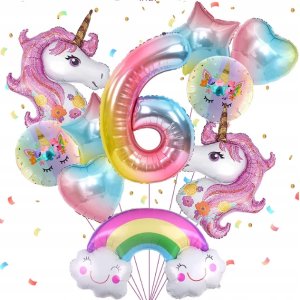 Balony na 6 urodziny JEDNOROŻEC Zestaw 10 Balonów foliowych CYFRA 6 - 70cm 1