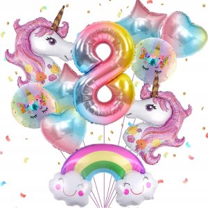 Balony na 8 urodziny JEDNOROŻEC Zestaw 10 Balonów foliowych CYFRA 8 - 70cm 1