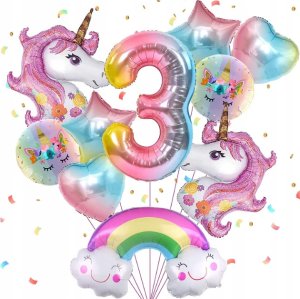 Balony na 3 urodziny JEDNOROŻEC Zestaw 10 Balonów foliowych CYFRA 3 - 70cm 1